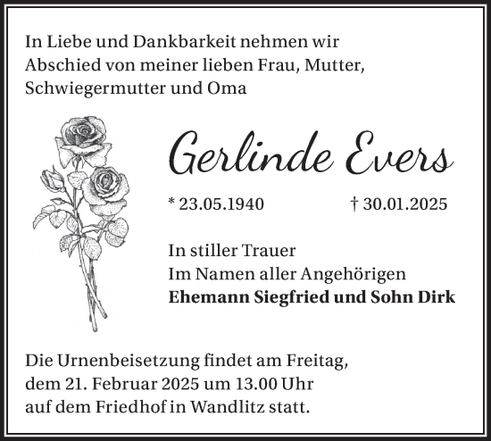 Traueranzeige von Gerlinde Evers von Märkische Oderzeitung