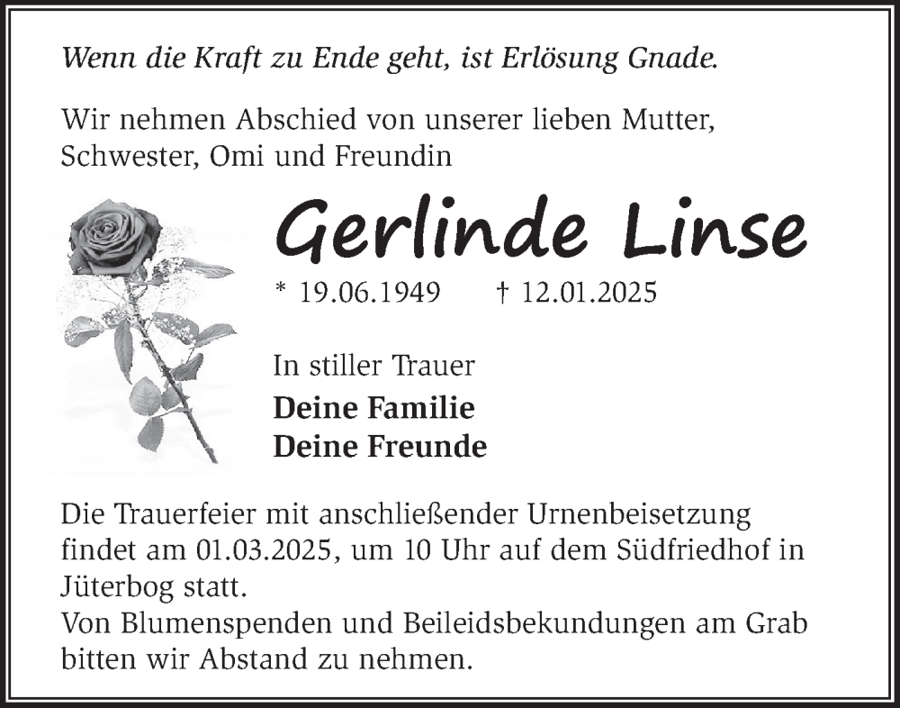  Traueranzeige für Gerlinde Linse vom 01.02.2025 aus Märkische Oderzeitung