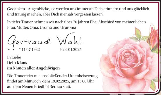 Traueranzeige von Gertraud Wahl von Märkische Oderzeitung