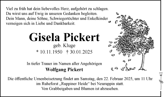 Traueranzeige von Gisela Pickert von Märkische Oderzeitung