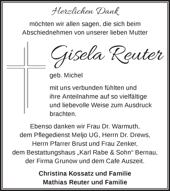 Traueranzeige von Gisela Reuter von Märkische Oderzeitung