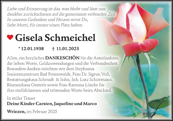 Traueranzeige von Gisela Schmeichel von Märkische Oderzeitung