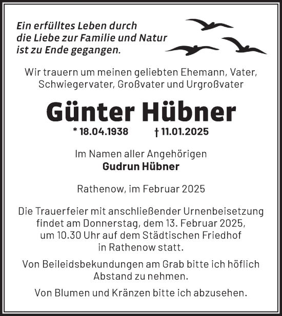 Traueranzeige von Günter Hübner von Märkische Oderzeitung