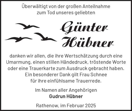 Traueranzeige von Günter Hübner von Märkische Oderzeitung