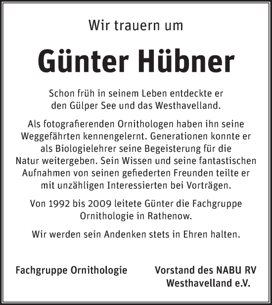 Traueranzeige von Günter Hübner von Märkische Oderzeitung