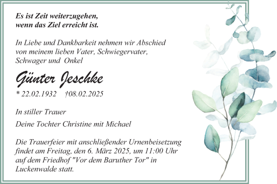 Traueranzeige von Günter Jeschke von Märkische Oderzeitung