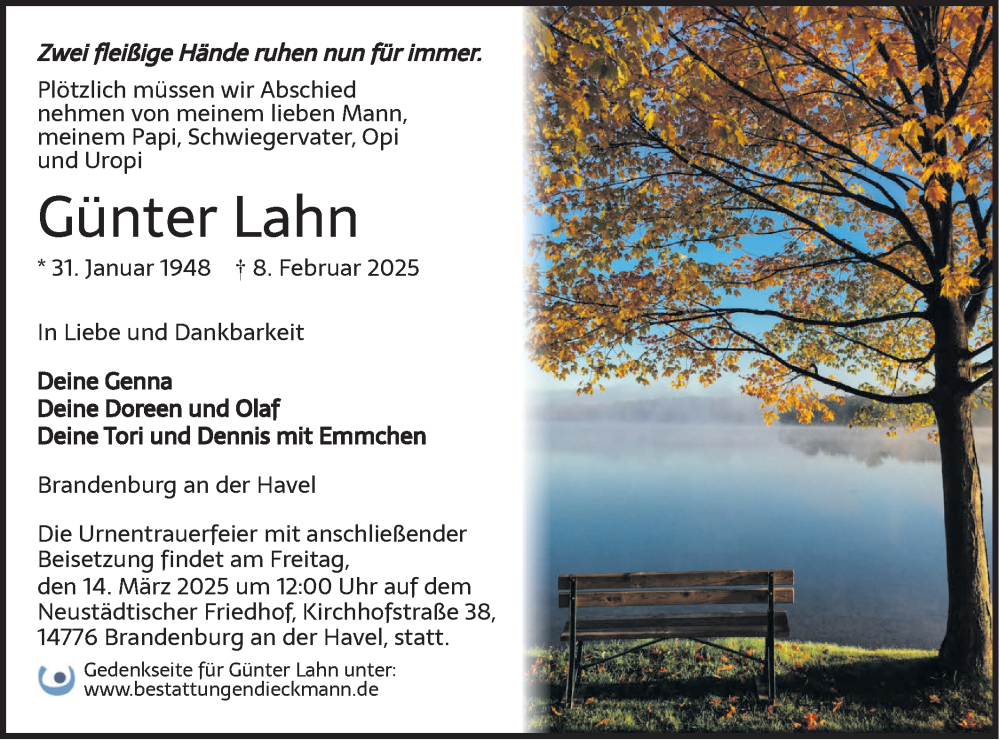  Traueranzeige für Günter Lahn vom 22.02.2025 aus Märkische Oderzeitung