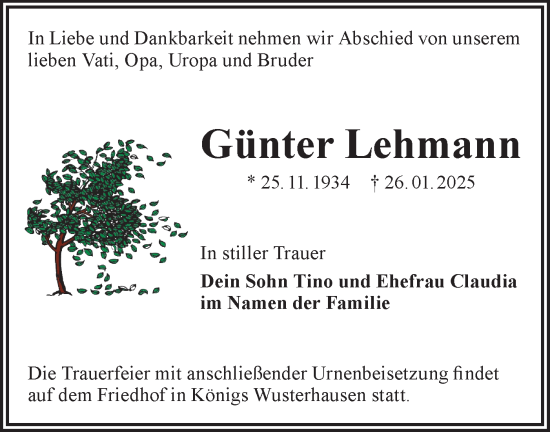 Traueranzeige von Günter Lehmann von Märkische Oderzeitung