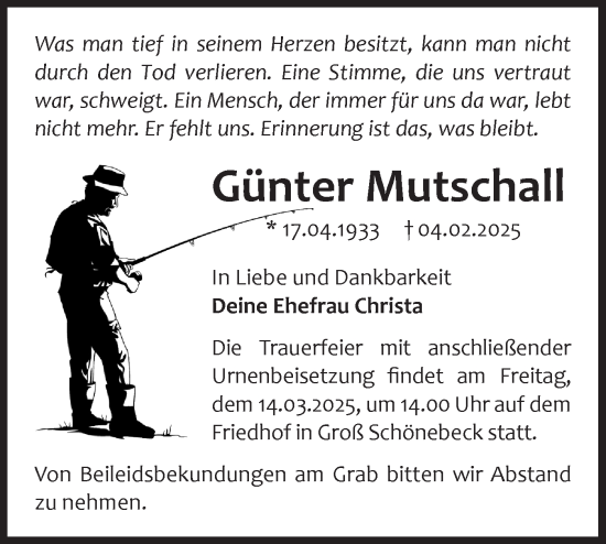 Traueranzeige von Günter Mutschall von Märkische Oderzeitung