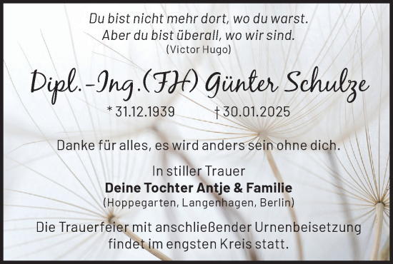 Traueranzeige von Günter Schulze von Märkische Oderzeitung