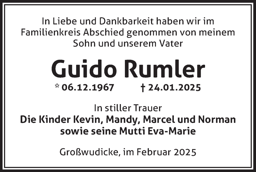  Traueranzeige für Guido Rumler vom 15.02.2025 aus Märkische Oderzeitung
