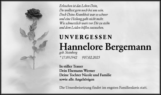 Traueranzeige von Hannelore Bergemann von Märkische Oderzeitung