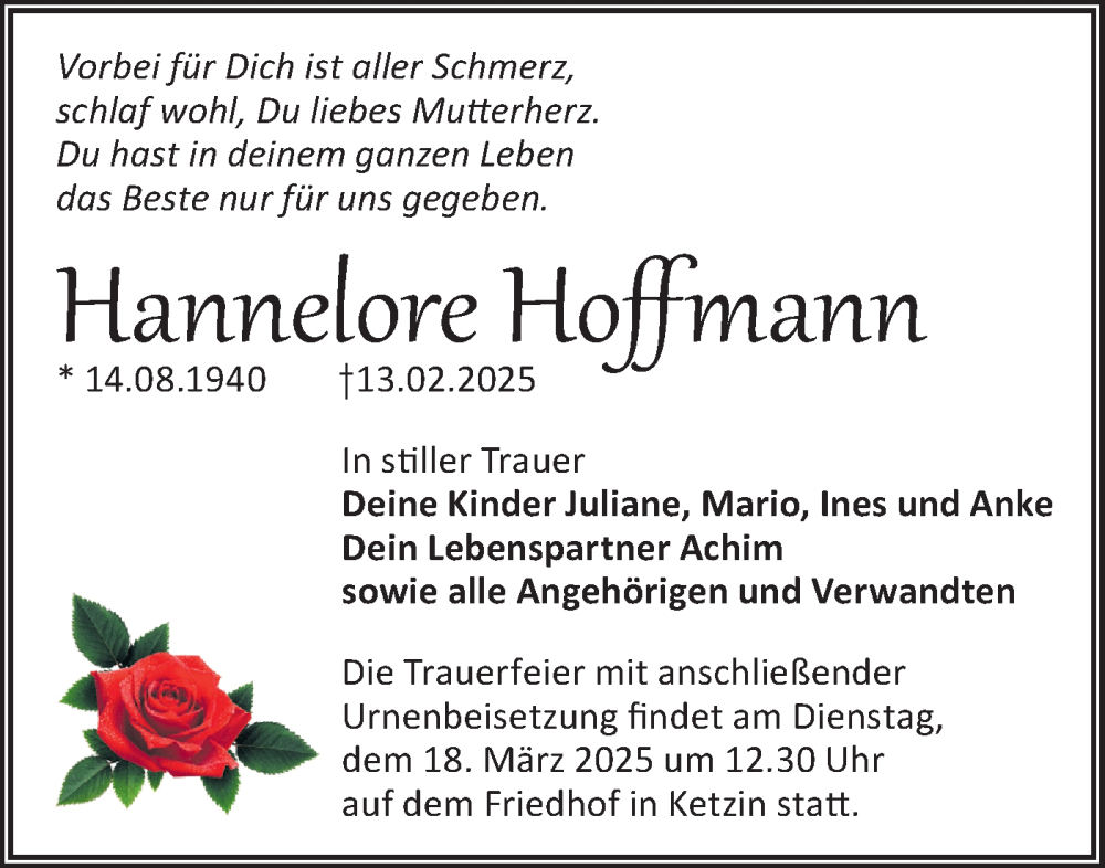  Traueranzeige für Hannelore Homann vom 22.02.2025 aus Märkische Oderzeitung