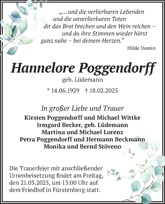 Traueranzeige von Hannelore Poggendorff von Märkische Oderzeitung