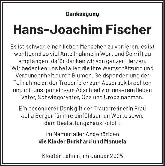 Traueranzeige von Hans-Joachim Fischer von Märkische Oderzeitung