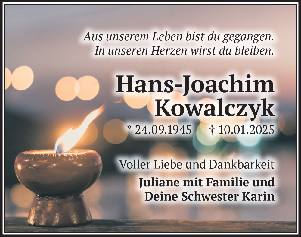  Traueranzeige für Hans-Joachim Kowalczyk vom 14.02.2025 aus Märkische Oderzeitung