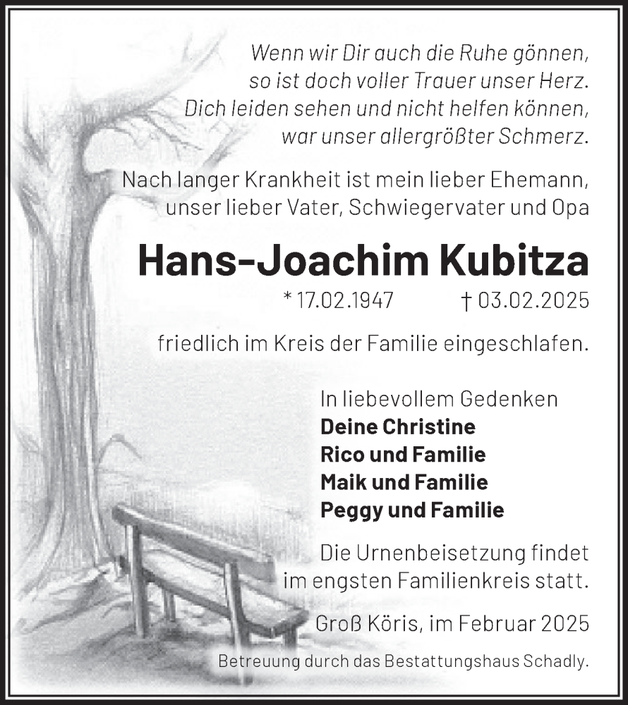  Traueranzeige für Hans-Joachim Kubitza vom 15.02.2025 aus Märkische Oderzeitung