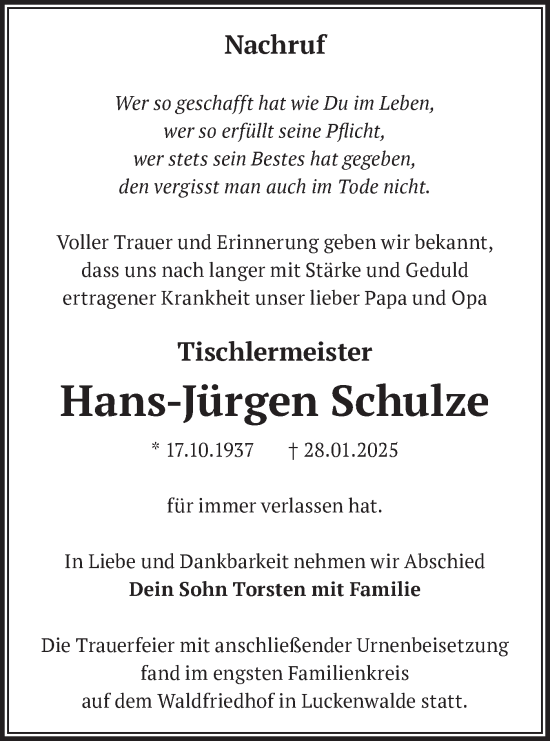 Traueranzeige von Hans-Jürgen Schulze von Märkische Oderzeitung