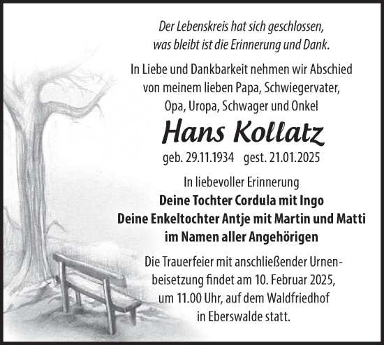 Traueranzeige von Hans Kollatz von Märkische Oderzeitung
