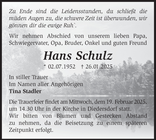 Traueranzeige von Hans Schulz von Märkische Oderzeitung