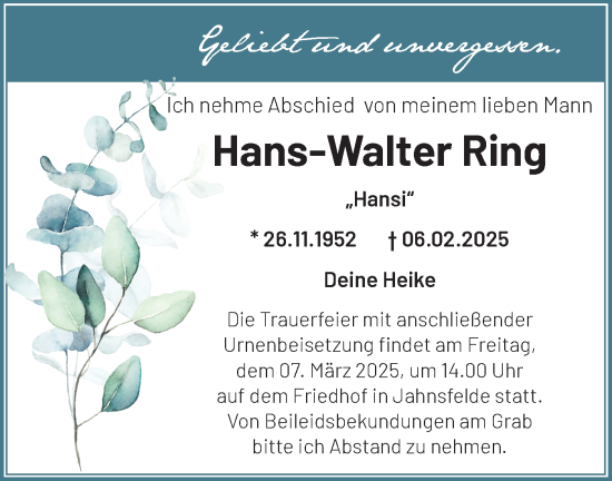 Traueranzeige von Hans-Walter Ring von Märkische Oderzeitung