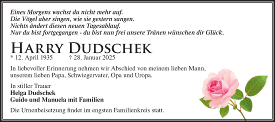 Traueranzeige von Harry Dudschek von Märkische Oderzeitung