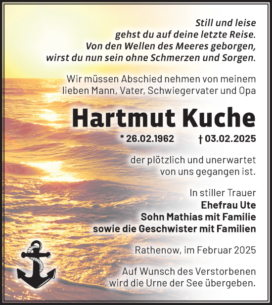 Traueranzeige von Hartmut Kuche von Märkische Oderzeitung