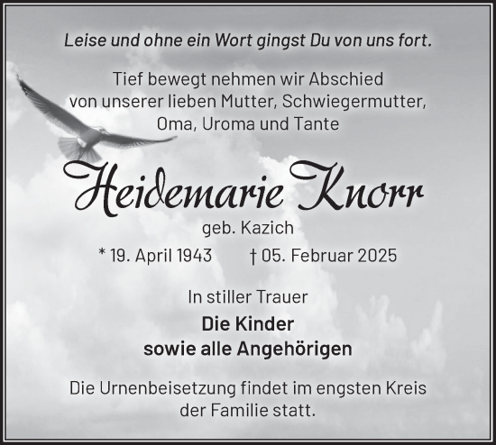 Traueranzeige von Heidemarie Knorr von Märkische Oderzeitung