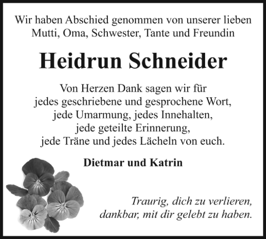 Traueranzeige von Heidrun Schneider von Märkische Oderzeitung