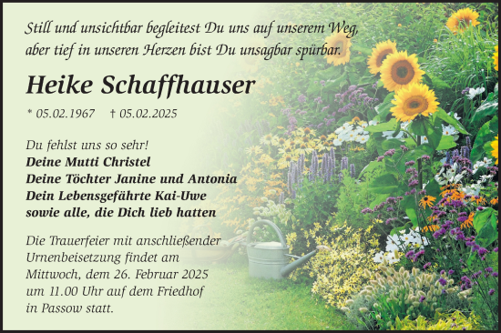 Traueranzeige von Heike Schaffhauser von Märkische Oderzeitung