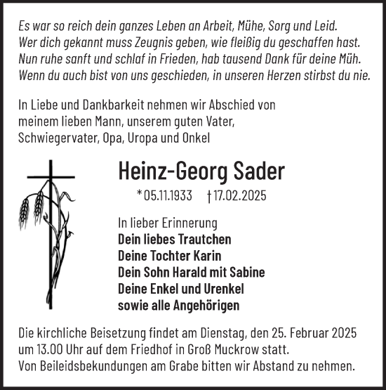 Traueranzeige von Heinz-Georg Sader von Märkische Oderzeitung