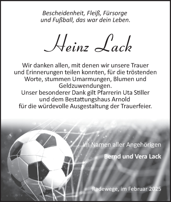 Traueranzeige von Heinz Lack von Märkische Oderzeitung