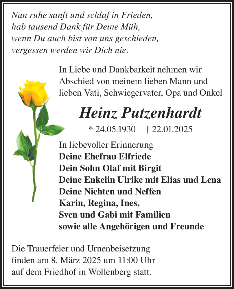  Traueranzeige für Heinz Putzenhardt vom 15.02.2025 aus Märkische Oderzeitung