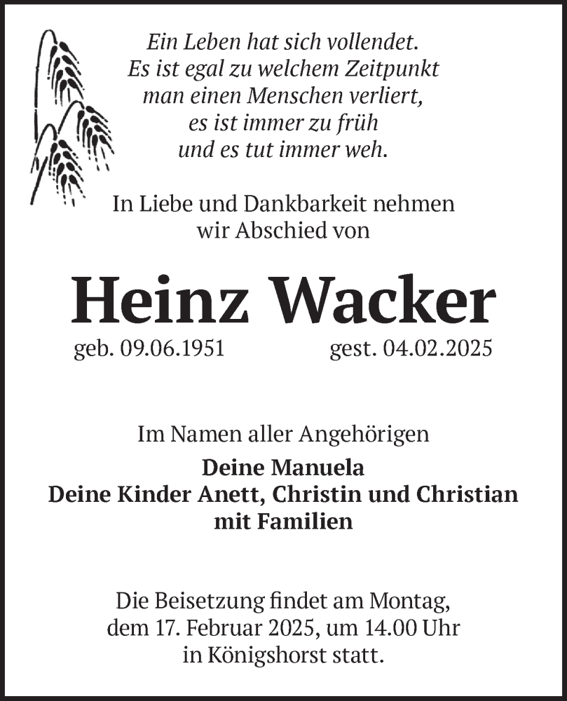  Traueranzeige für Heinz Wacker vom 08.02.2025 aus Märkische Oderzeitung