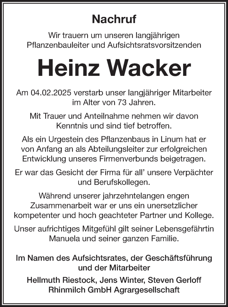  Traueranzeige für Heinz Wacker vom 15.02.2025 aus Märkische Oderzeitung