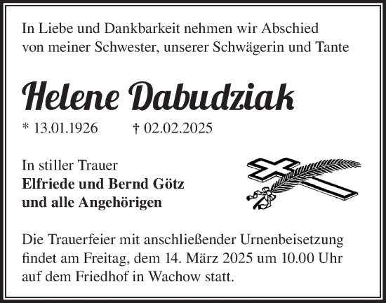 Traueranzeige von Helene Dabudziak von Märkische Oderzeitung