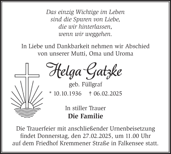 Traueranzeige von Helga Gatzke von Märkische Oderzeitung