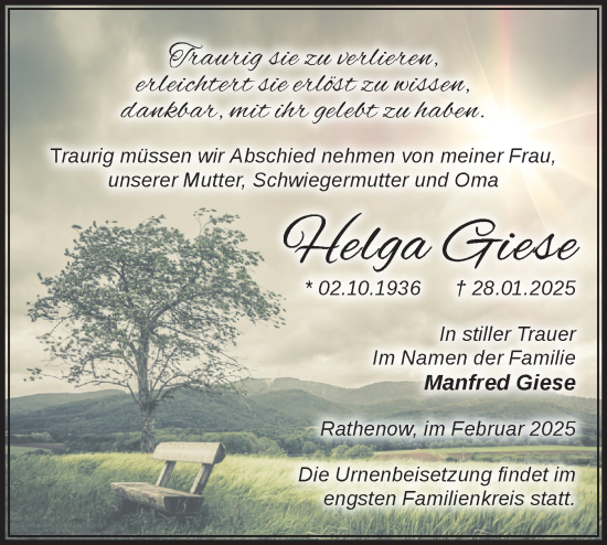 Traueranzeige von Helga Giese von Märkische Oderzeitung
