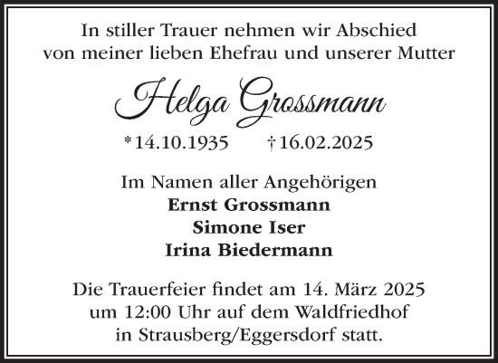 Traueranzeige von Helga Grossmann von Märkische Oderzeitung