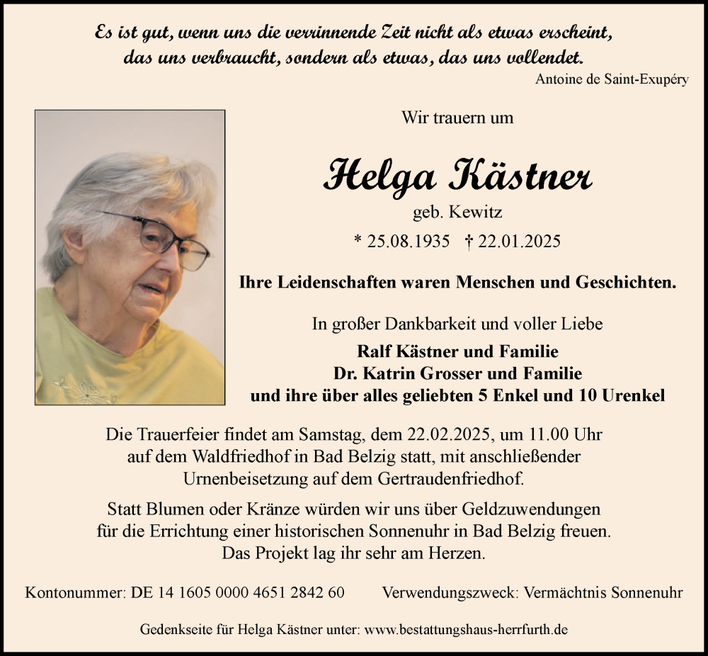  Traueranzeige für Helga Kästner vom 08.02.2025 aus Märkische Oderzeitung