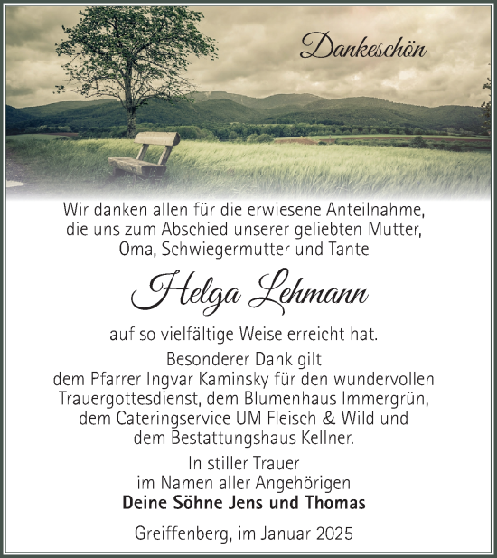 Traueranzeige von Helga Lehmann von Märkische Oderzeitung