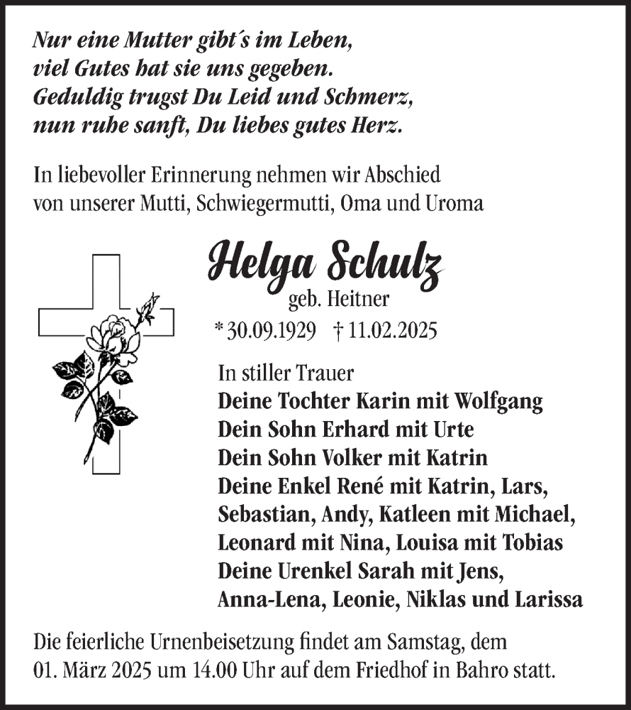  Traueranzeige für Helga Schulz vom 22.02.2025 aus Märkische Oderzeitung