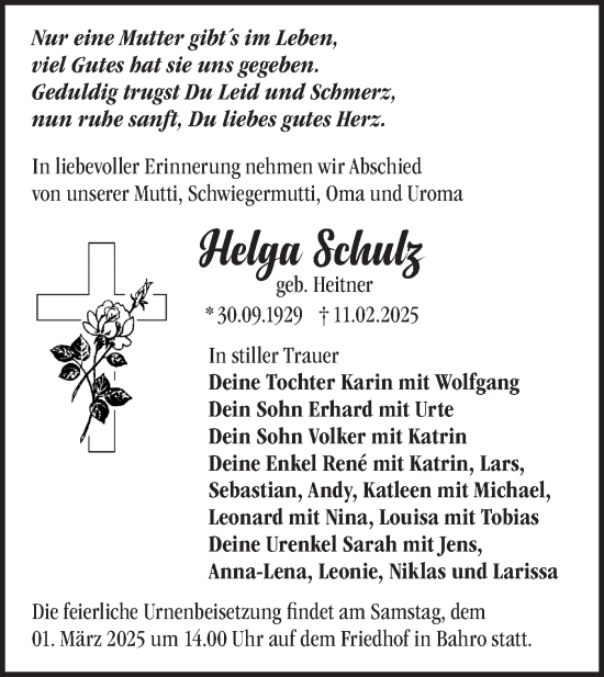 Traueranzeige von Helga Schulz von Märkische Oderzeitung