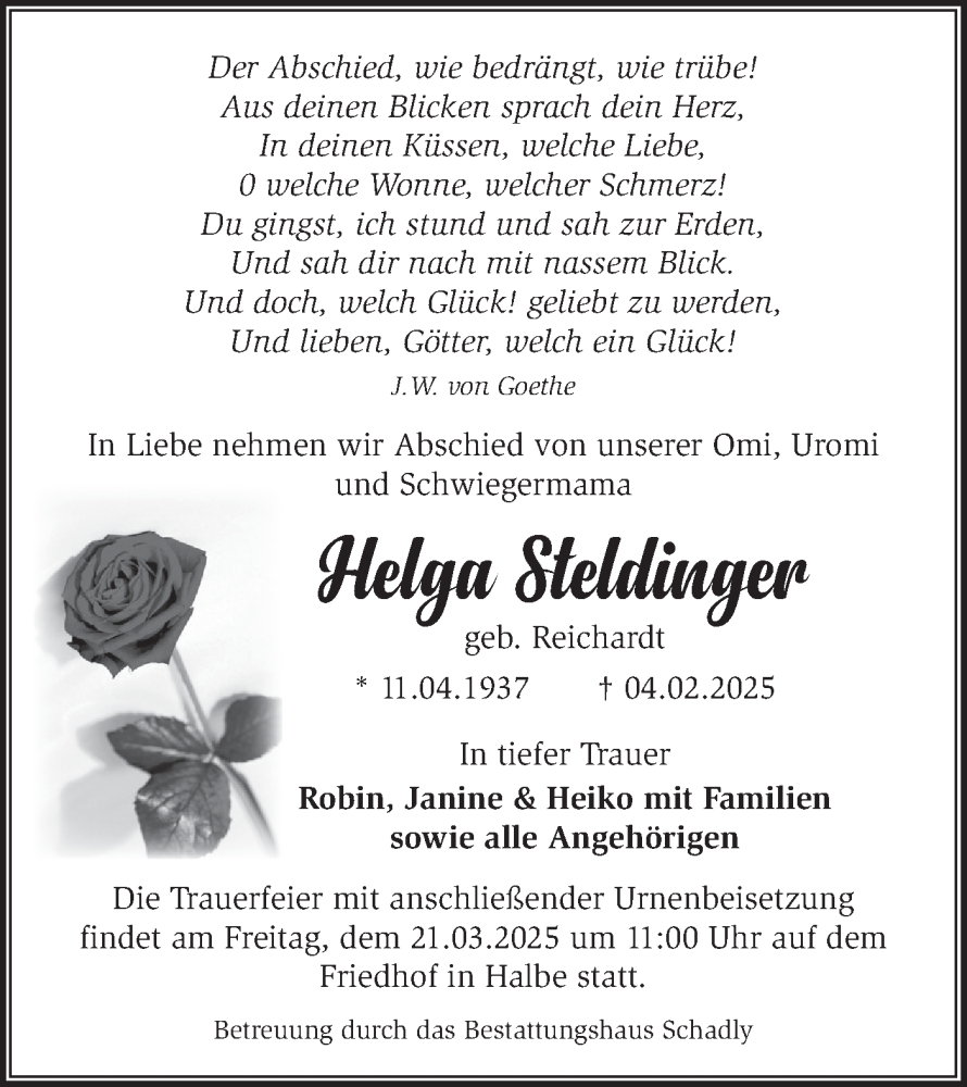  Traueranzeige für Helga Steldinger vom 22.02.2025 aus Märkische Oderzeitung