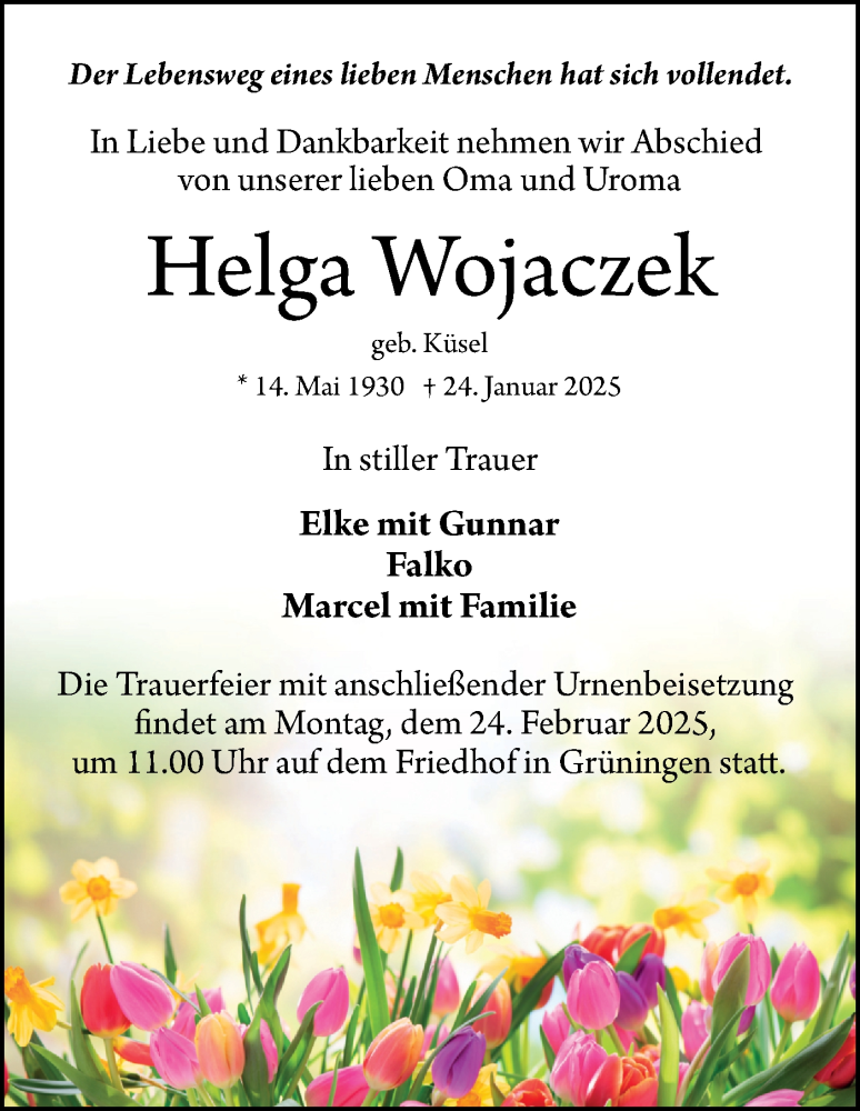  Traueranzeige für Helga Wojaczek vom 08.02.2025 aus Märkische Oderzeitung