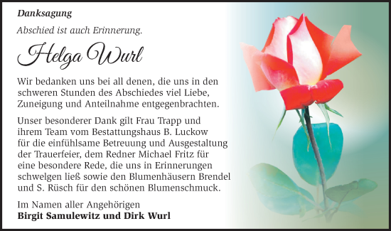 Traueranzeige von Helga Wurl von Märkische Oderzeitung