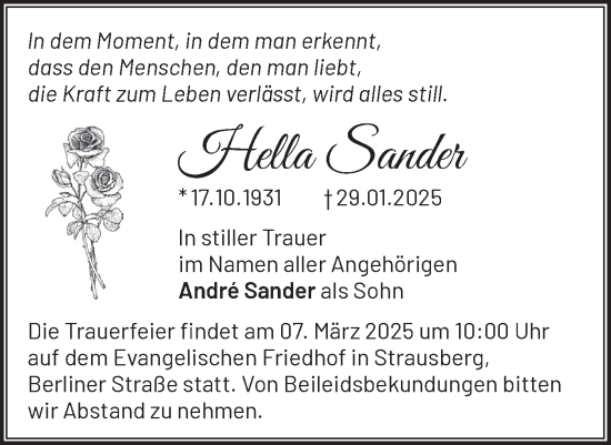 Traueranzeige von Hella Sander von Märkische Oderzeitung