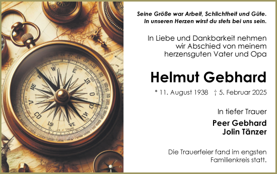 Traueranzeige von Helmut Gebhard von Märkische Oderzeitung
