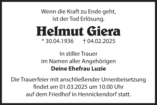 Traueranzeige von Helmut Giera von Märkische Oderzeitung