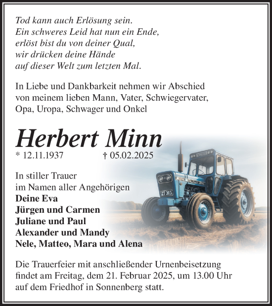 Traueranzeige von Herbert Minn von Märkische Oderzeitung